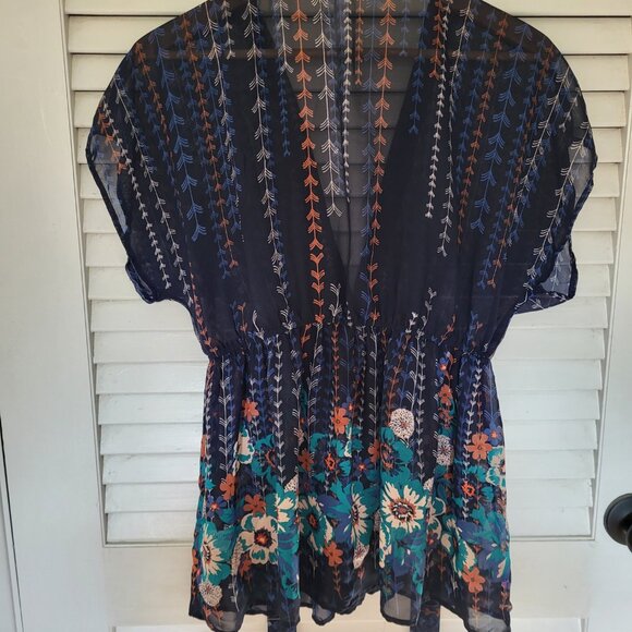 Xhilaration Women's Sheer Blouse Medium Navy BLUE Deep V-Neckline Tie Waist EUC - Picture 3 of 6